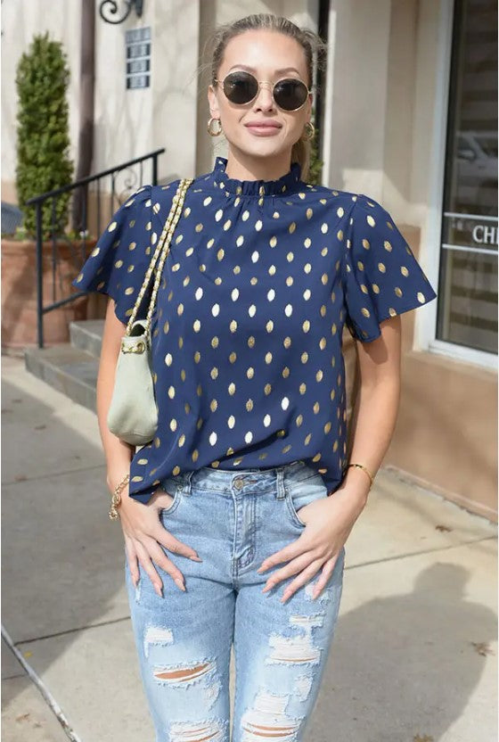 Navy Leaf Print Puffy Sleeves Woven Top