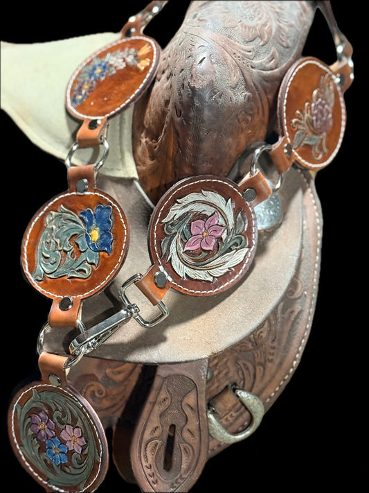 Prairie Bloom Leather Concho Belt – Hand Tooled Purple & Blue Floral
