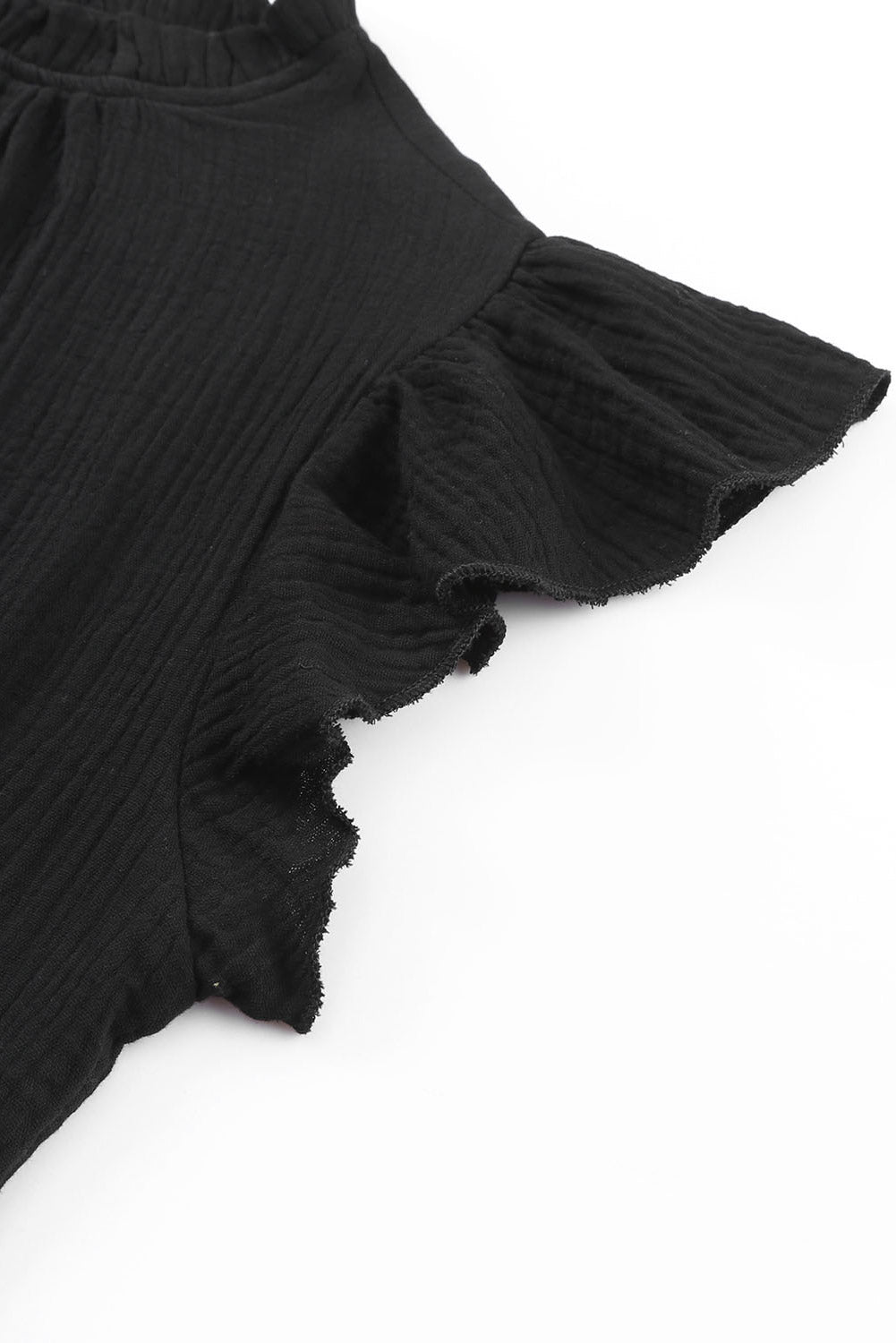 Black Flutter Sleeve Frilled Neck Textured Blouse