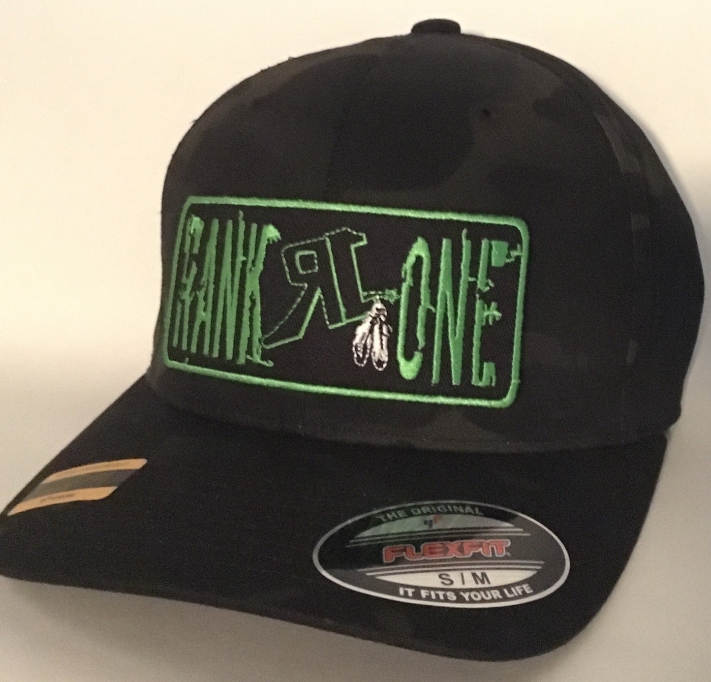 Black Camo and Lime Green Patch Fitted Cap  (H19-0005)